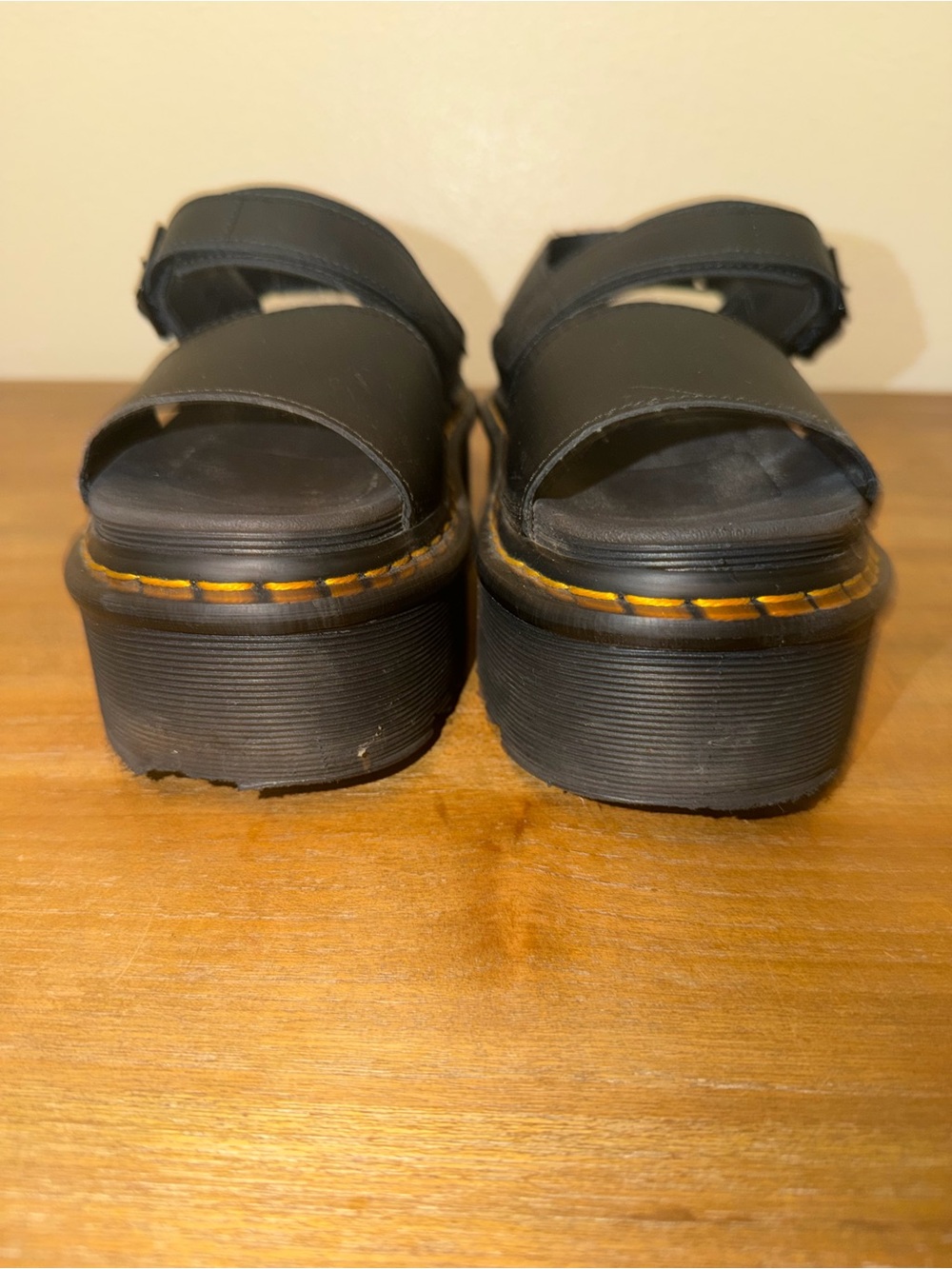Dr. Martens Black Leather Platform Sandals with Yellow Stitching - Picture 2 of 7